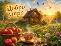 Приказно добро утро с дървена къщичка, чай, ябълки и изгрев