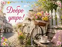 Пролетно добро утро с велосипед, цветя и кафе