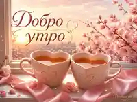 Романтично добро утро с две чаши чай и розови цветове