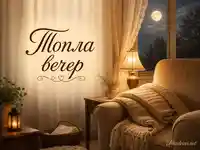 Уютна лека нощ с луна, лампа и надпис "Топла вечер"