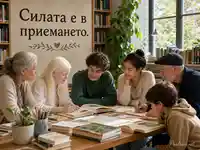 Библиотечна сцена за 13 юни с надпис „Силата е в приемането.“