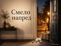 Смело напред към ново начало през отворена врата с куфар и ключ