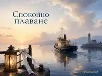 Спокойно плаване с кораб при залез, фар и топъл морски фенер