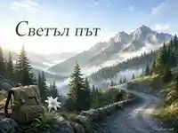 Светъл път през планината с раница, еделвайс и утринна мъгла