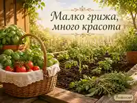 Градинска е-картичка с домати, босилек и надпис „Малко грижа, много красота“