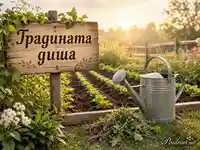 Рустикална градинска сцена с надпис „Градината диша“ и утринна светлина