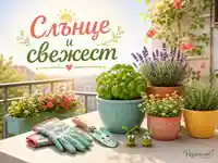 Слънчев балкон с билки, цветя и надпис „Слънце и свежест“