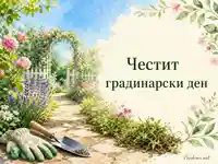 Слънчева акварелна градина с надпис „Честит градинарски ден“