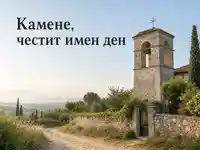 Петровденска картичка за Камен с каменна камбанария и юнски пейзаж