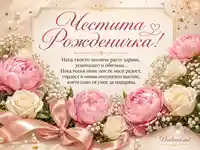 Нежна картичка „Честита Рожденичка!“ с розови цветя и пожелание за момиче