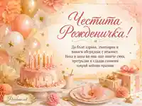 Нежна картичка „Честита Рожденичка!“ с торта, свещички, цветя и подаръци