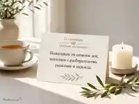 Минималистична картичка за 21 септември със свещ, чай и маслинова клонка