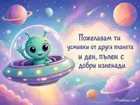 Космическа картичка със сладко извънземно за Световния ден на НЛО