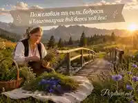 Картичка за Деня на билкарите с народна лечителка, билки и планински пейзаж
