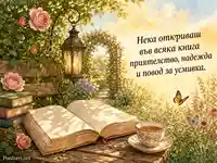 Акварелна картичка за Деня на четенето с книга, градина и вдъхновяващо пожелание