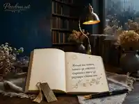 Литературна картичка с отворена книга и топло пожелание за Деня на четенето