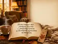 Уютна есенна картичка с книга, чай и пожелание за красиви истории