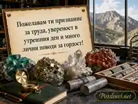 Картичка за Деня на миньора с минерали, геоложки ядки и планински пейзаж