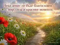 Добър ден с благословия, слънчева поляна, макове, маргаритки и дъга