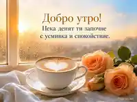 Добро утро с капучино, рози и спокойно пожелание