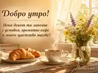 Топла картичка за добро утро с кафе, кроасани и слънчеви цветя