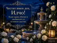 Луксозна картичка за Илинден с бели рози, фонтан и поздрав за Илчо