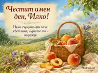Слънчев имен ден за Илко с праскови, диви цветя и топъл летен поздрав