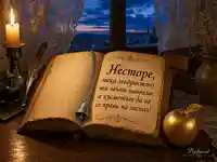 Имен ден на Нестор със стара книга, камбанка и златна ябълка