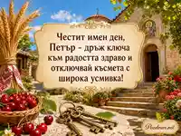 Имен ден на Петър с църковен двор, жито, череши и символични ключове