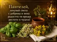 Топла именна картичка за Пантелей с билки, глинена чаша и златиста светлина