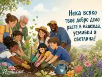 Картичка за Международен ден на благотворителността с дръвче и пожелание за добри дела