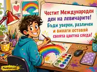 Забавна цветна картичка за Международния ден на левичарите