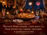 Новогодишна българска трапеза с баница, късмети и фойерверки