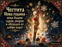 Новогодишна картичка със сурвачка, шевици и златно българско наричане