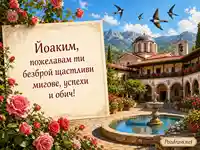 Лятна манастирска картичка за Йоаким с рози, фонтан и планини