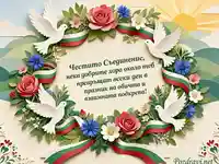 Хартиена картичка за Съединението на България с гълъби и трикольор