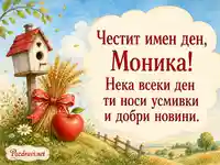Симеоновден картичка за Моника с жито, ябълка и сърдечен поздрав