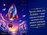 Ретро-футуристична картичка за имен ден на Алекс със звезда