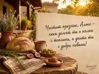 Топла картичка за Алеко за Св. Александър с хляб, мед и добри новини