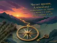 Златен компас и планински залез за имен ден на Александър