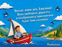 Лятна картичка за имен ден на Емилиян с лодка, езеро и планини