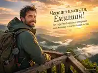 Планинска картичка за имен ден на Емилиан с изгрев и приключенски поздрав