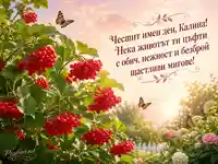 Нежна картичка за имен ден на Калина с калинов храст и утринна градина