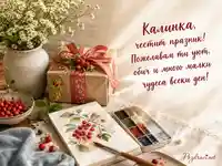 Уютна картичка за Калинка с цветя, червени плодове и празничен български поздрав
