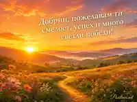 Изгрев над цветна поляна с пожелание за смелост, успех и светли победи