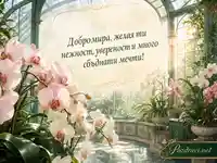 Картичка за Св. Пантелеймон и Светите Седмочисленици с орхидеи и пожелание за Добромира