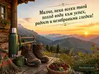 Планинска картичка за Милчо със слънчев изгрев и пожелание за успех
