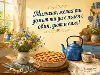 Топло пожелание за Милчена с домашен пай, цветя и уютна кухня