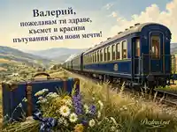 Ретро картичка за Валерий със син влак, куфар и пожелание за красиви пътувания