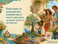 Лятна творческа сцена с мозайково дърво, цветя и пожелание за светли дни